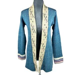 Mai-Anju Open Cardigan Sweater Women's XS/Small* Blue Tan Shawl Neck Cottage VTG